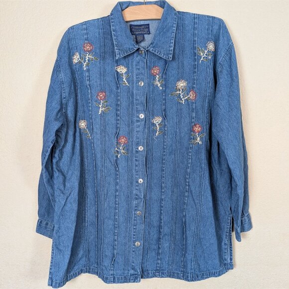VTG 90s Willow Ridge Denim Button up Shirt Women's 1X Floral Embroidered Cottage - Picture 1 of 8
